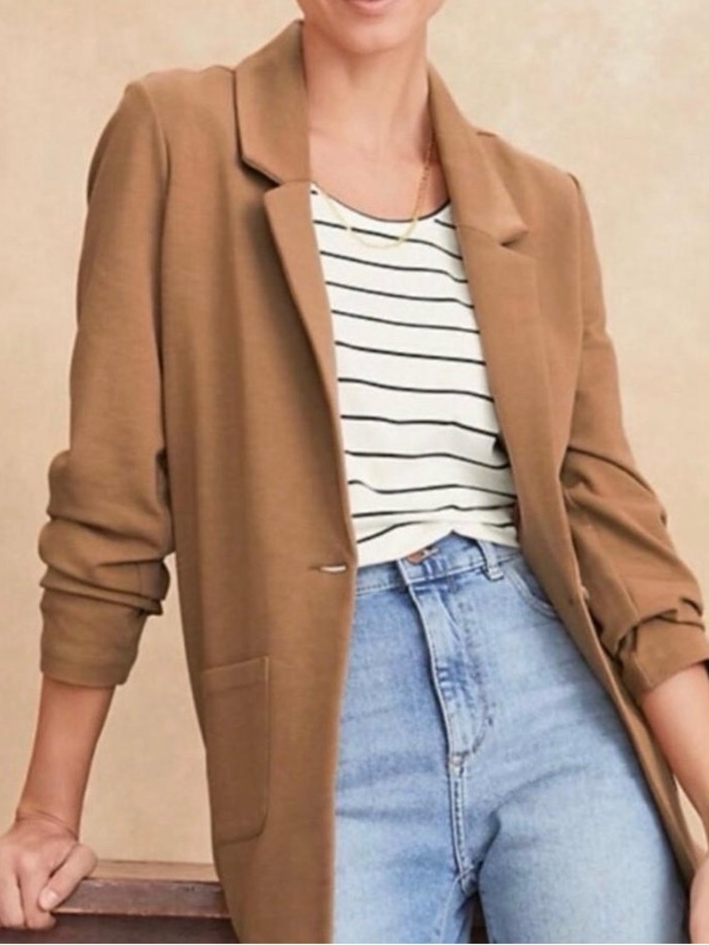 Garnet Hill Knit Relaxed Knit Blazer Praline Camel Brown Size 10 Classic Office